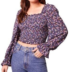 Band of the Free Agathe Purple Boho Floral Print Smocked Long Sleeve Top Medium